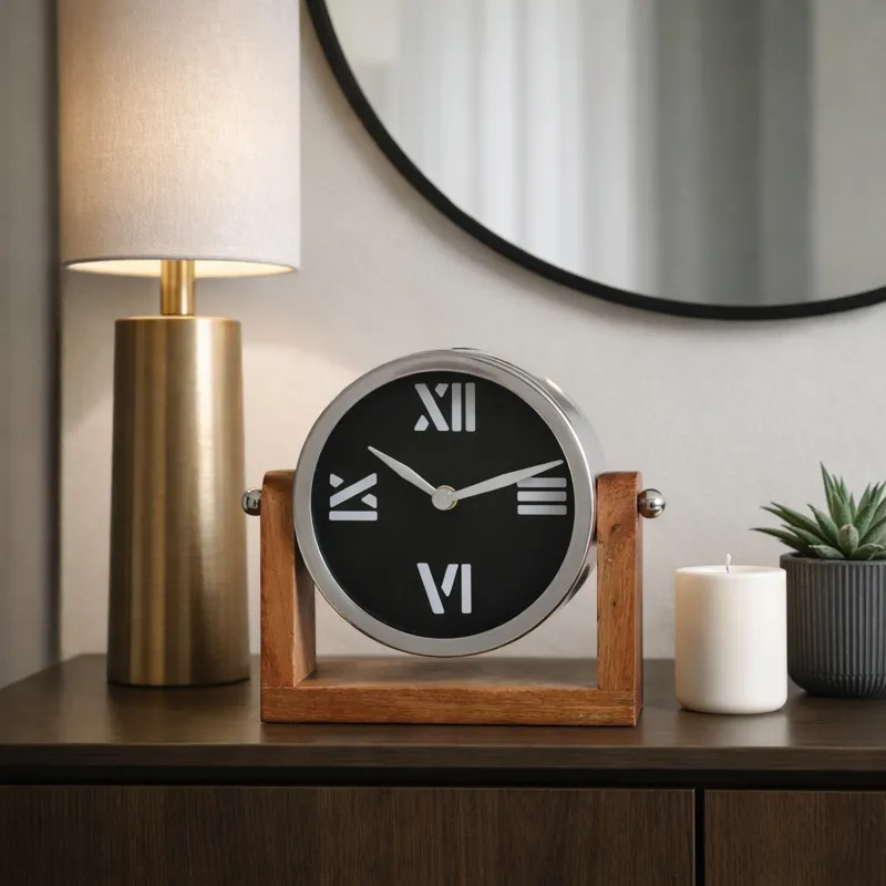 7x7\" Clock On Wood Base, Natural/silver