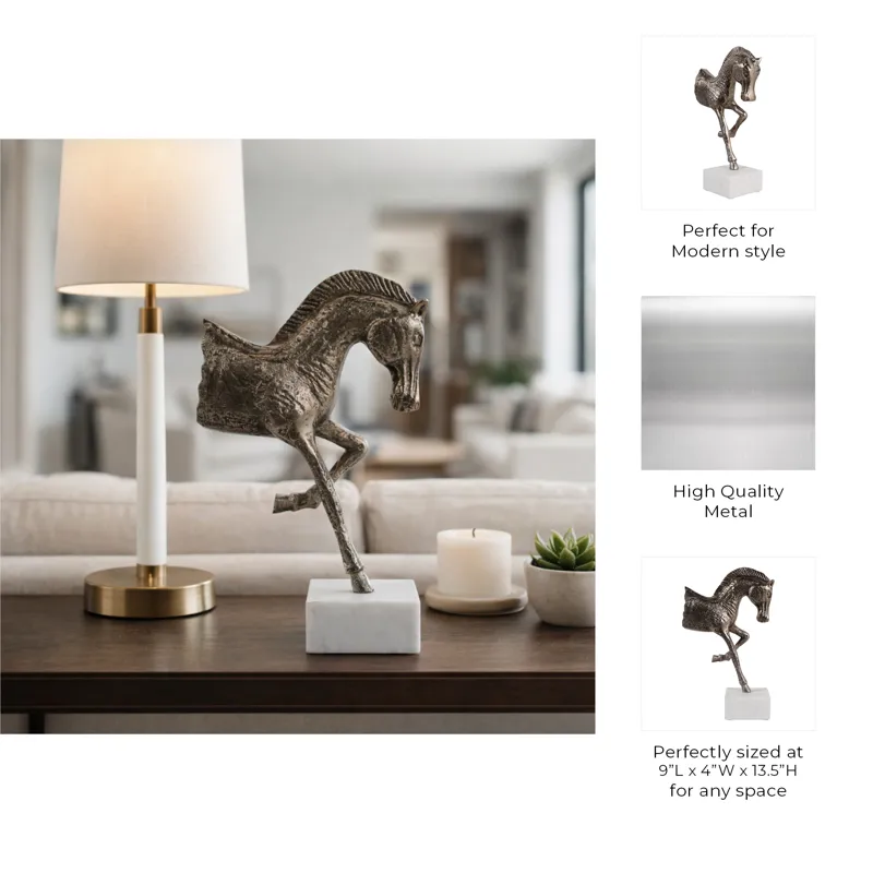 15x9" Galloping Horse On Marble Base, Antique Bras