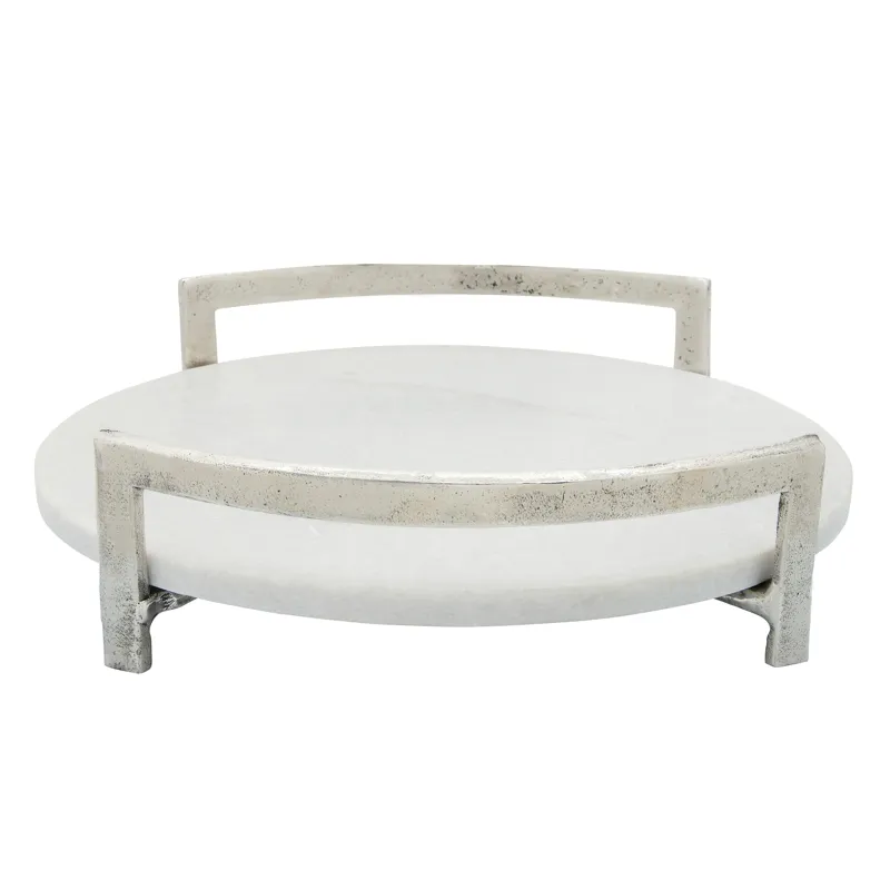 14" Metal Tray W/ Marble, Silver
