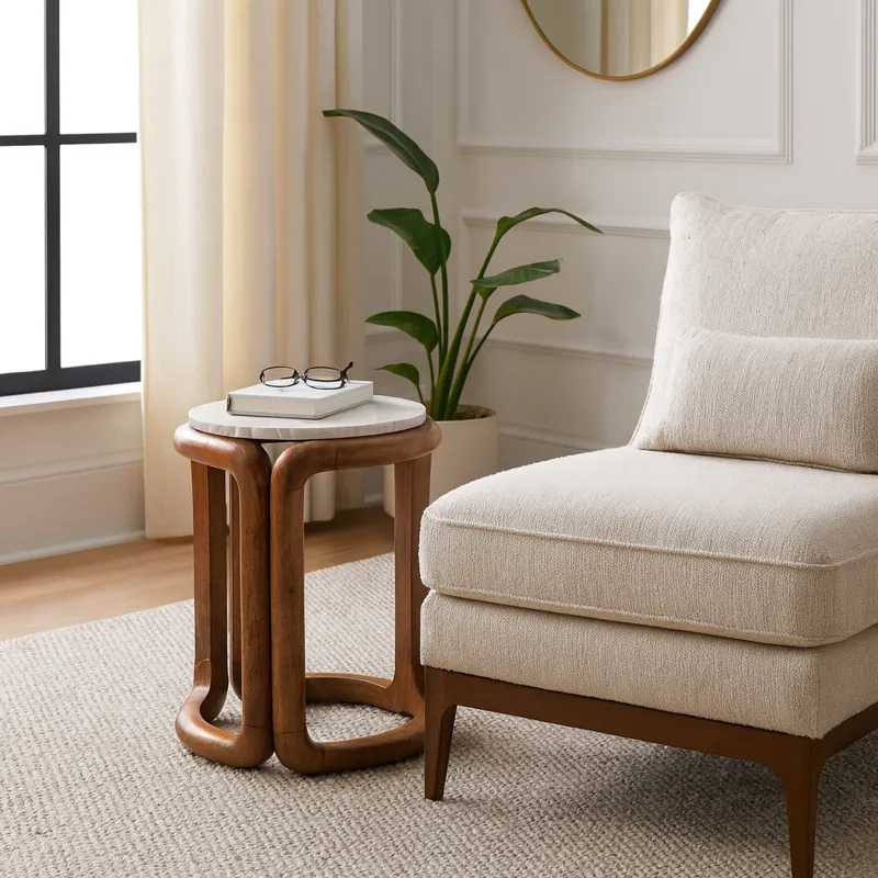 18x14\" Mrble Top Inlay Wood Accent Table,ivry/brwn