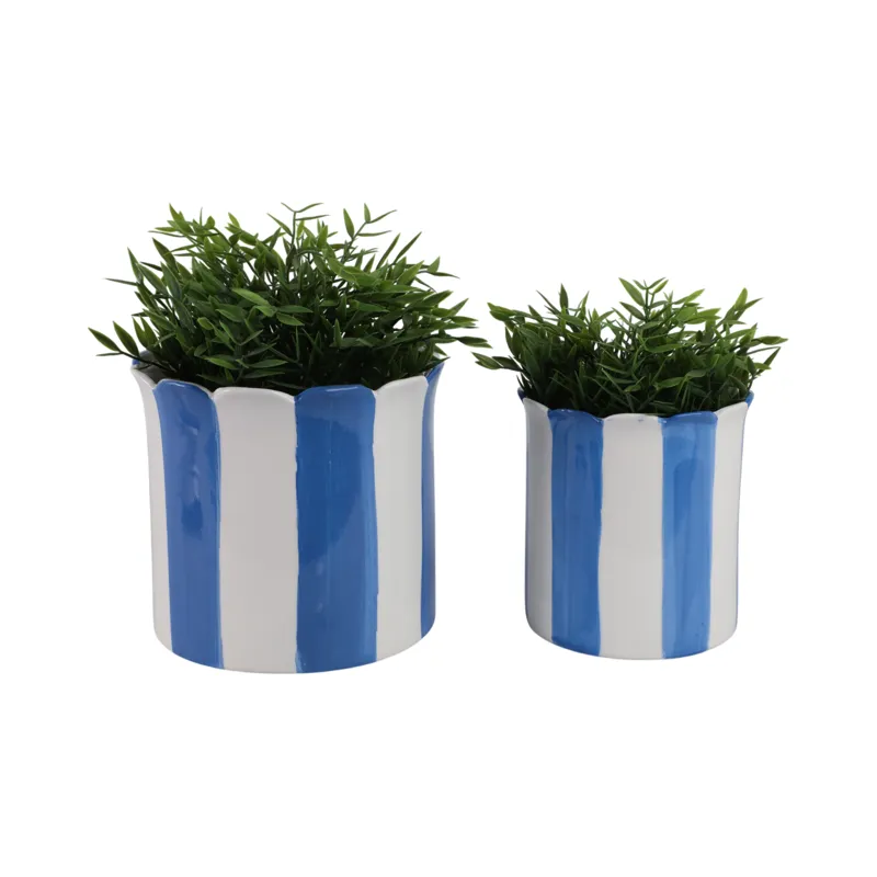 S/2 6/8\" Striped Scallop Edge Planters, White/blue