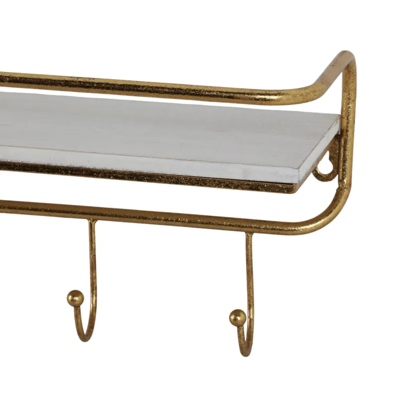 Ec Metal/wood 20\" 5  Hook Wall Shelf, White/gold