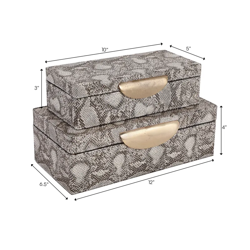 S/2 10/12" Shimmer Snakeskin Boxes W/ Hardware, Go