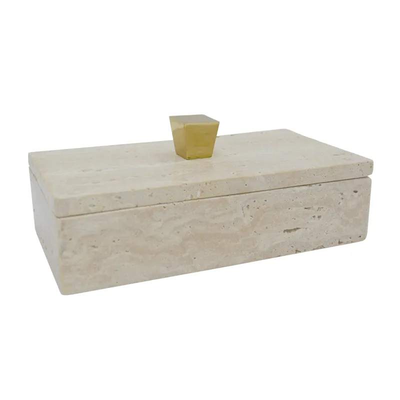 9x5\" Travertine Box With Gold Knob, Tan