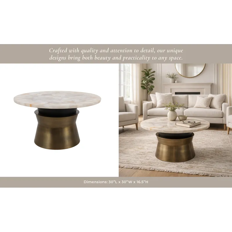 30x16\" Agate Top Metal Base Coffee Table, White/go