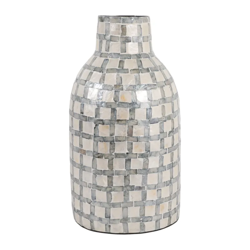 15x9\" Capiz Plaid Vase, Ivory Multi