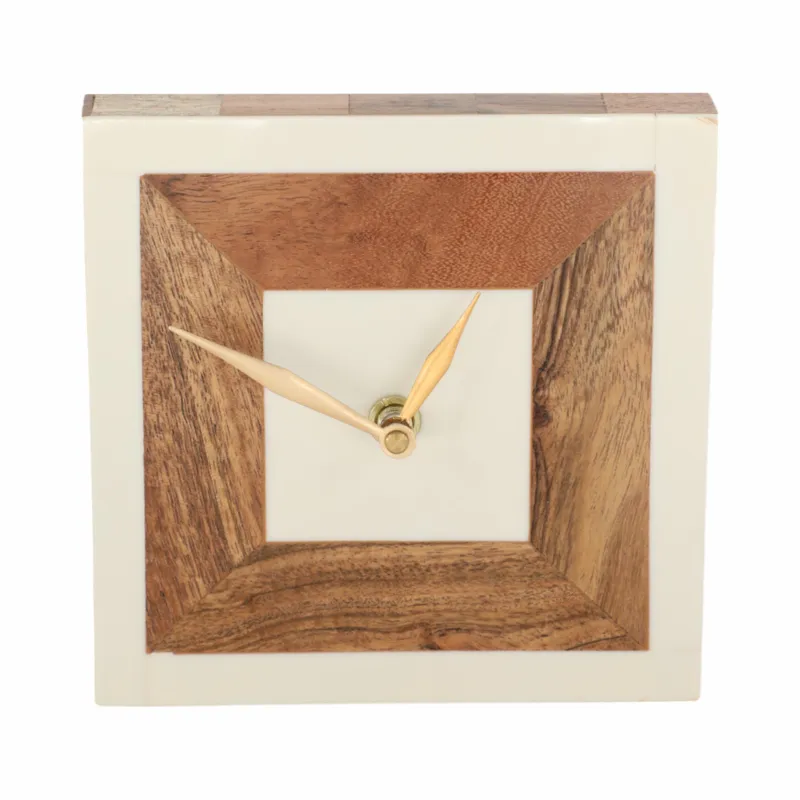 5\" Square Resin Clock With Wood Inlay, Ivory/natur