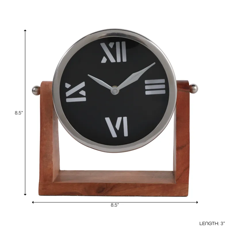 9x8\" Clock On Wood Base, Natural/silver