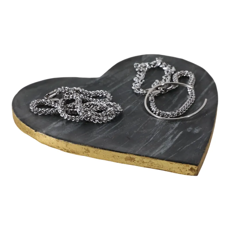 8x8\" Marble Heart Tray W/ Gold Edges, Black/white