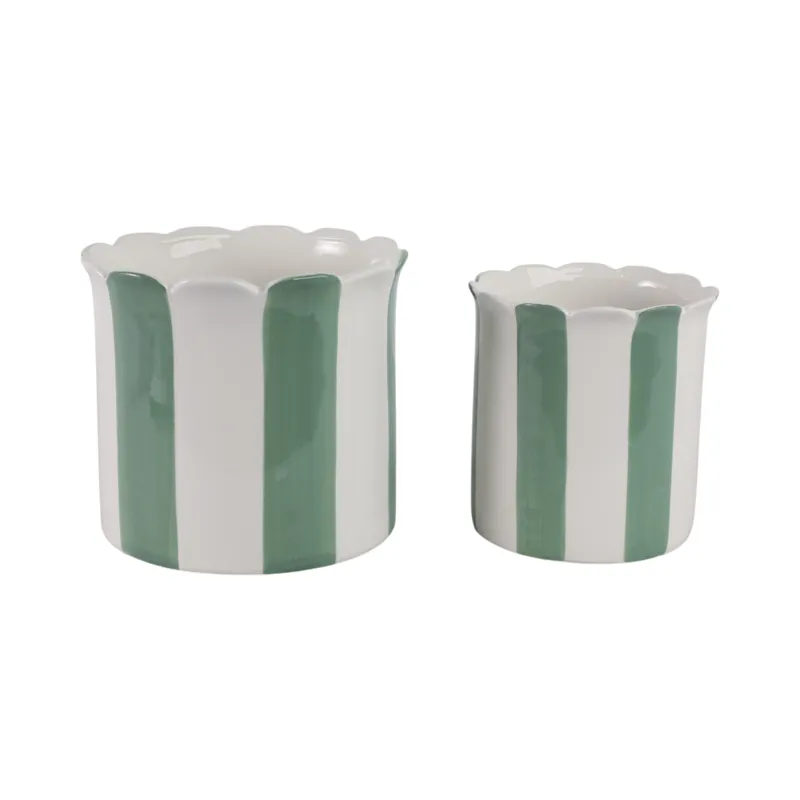 S/2 6/8\" Striped Scallop Edge Planters, White/gn