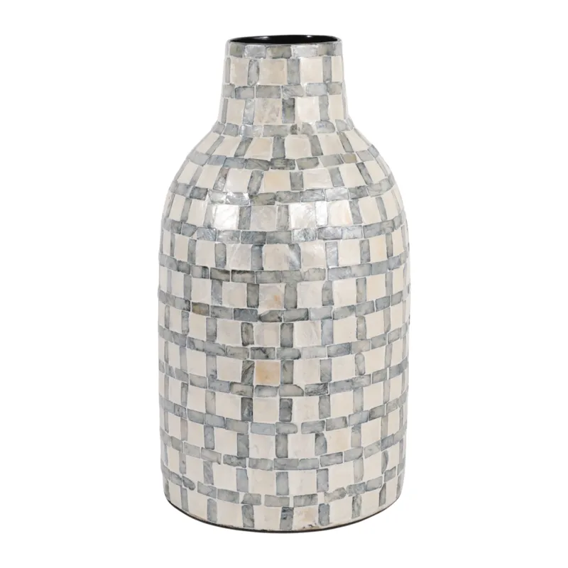 15x9\" Capiz Plaid Vase, Ivory Multi