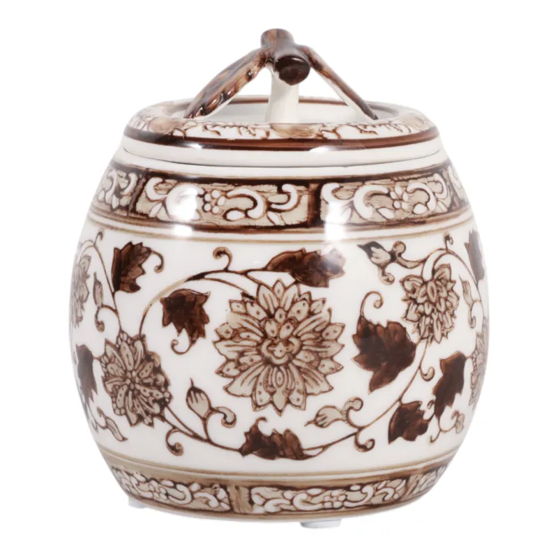 5\" 8.5oz Peony Chinoiserie Lidded Candle,brown/wht