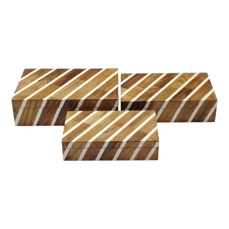 S/3 10/11/12\" Diagonal Lines Boxes, Natural/ivory