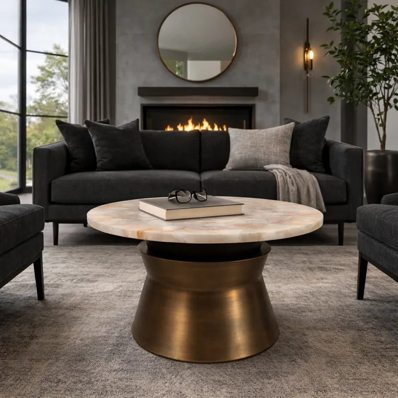 30x16\" Agate Top Metal Base Coffee Table, White/go