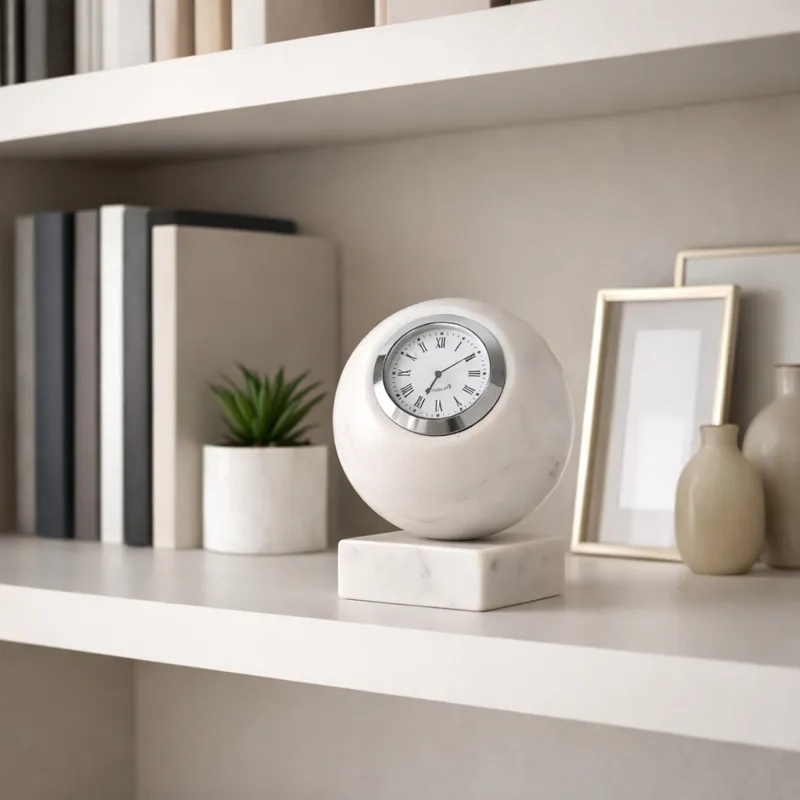 5x4\" Round Marble Clock On Base, White/silver