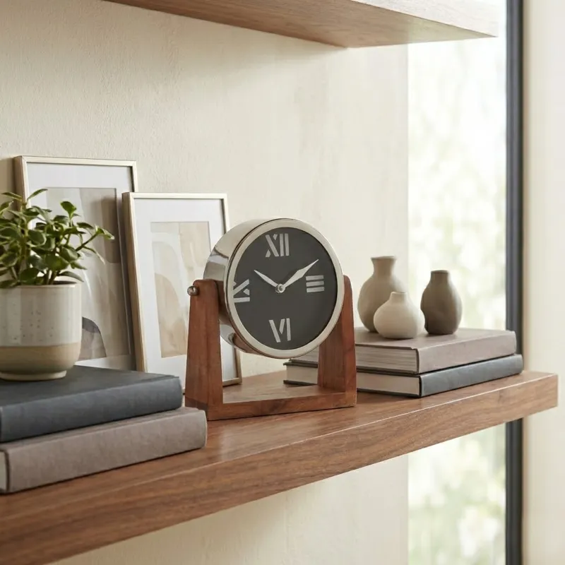 9x8\" Clock On Wood Base, Natural/silver