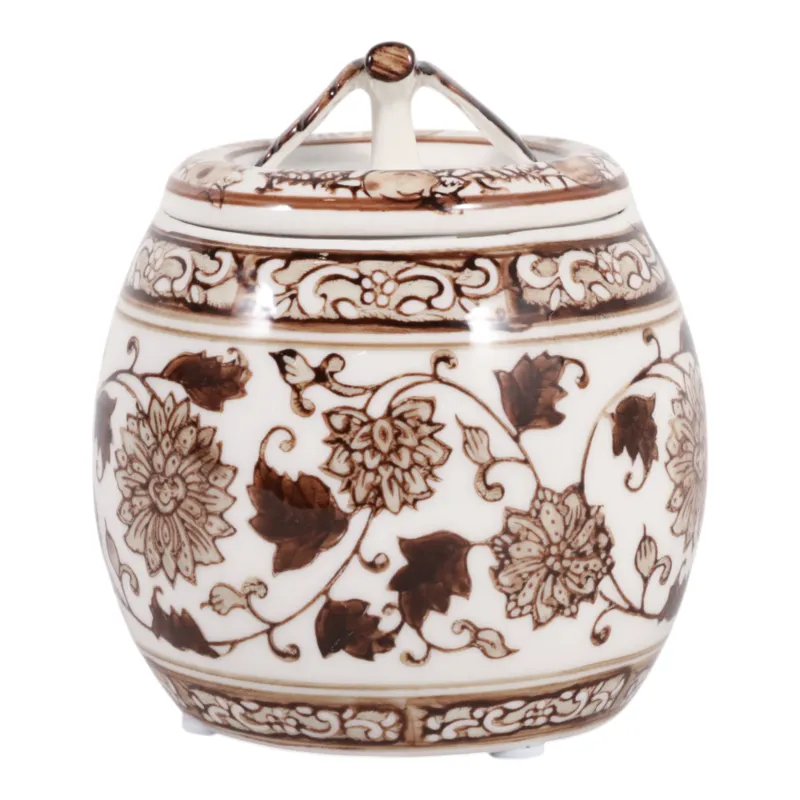 5\" 8.5oz Peony Chinoiserie Lidded Candle,brown/wht