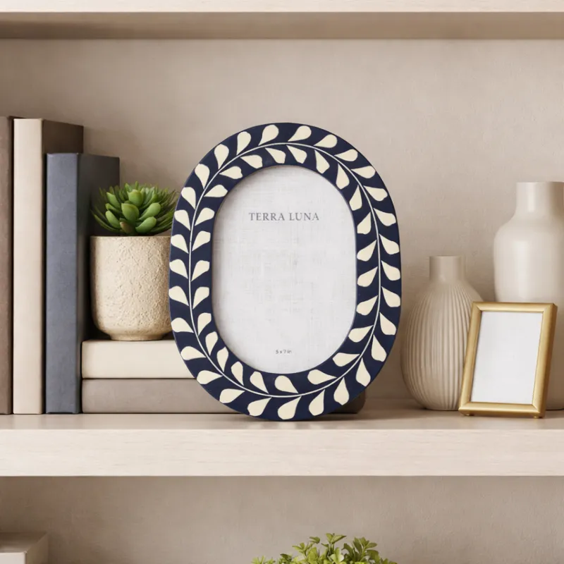 5x7 Vine Inlay Oval Photo Frame, Navy/ivory