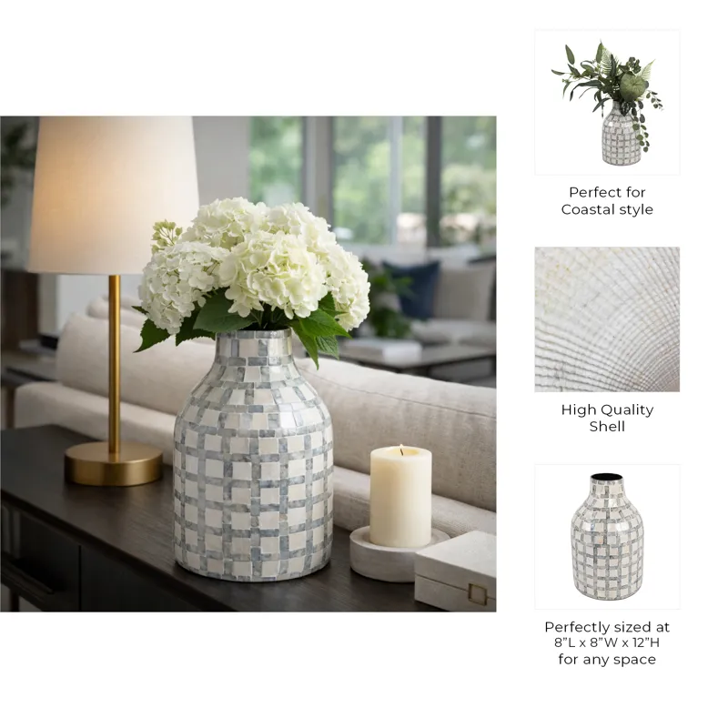 12x8\" Capiz Plaid Vase, Ivory Multi