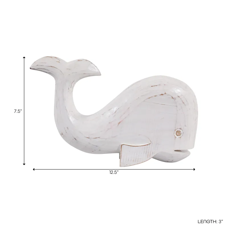 12x8" Alibizia Wood Whale, White