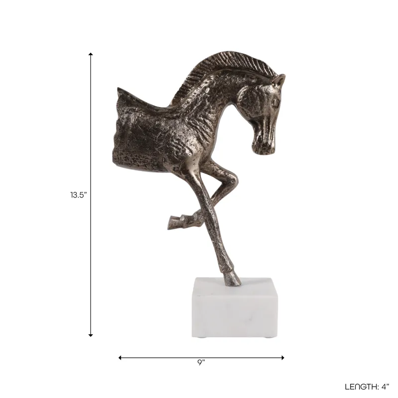 15x9" Galloping Horse On Marble Base, Antique Bras