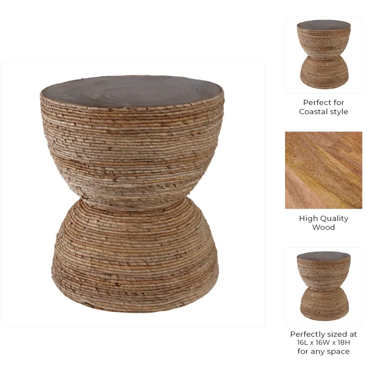 18\" Teakwood Accent Table W/woven Banana Leaf, Nat