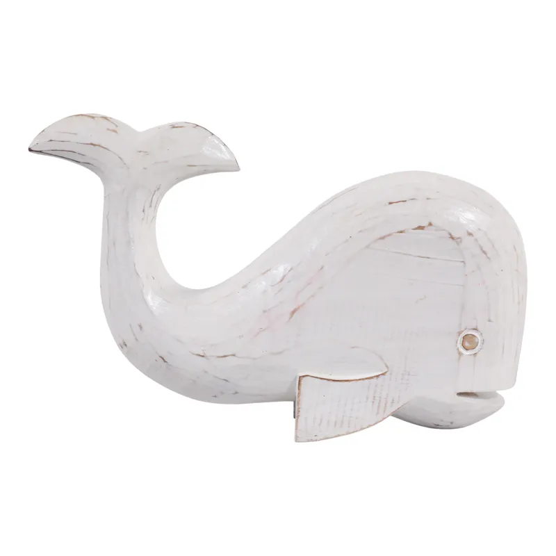 12x8" Alibizia Wood Whale, White