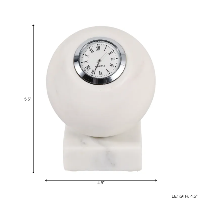 5x4\" Round Marble Clock On Base, White/silver