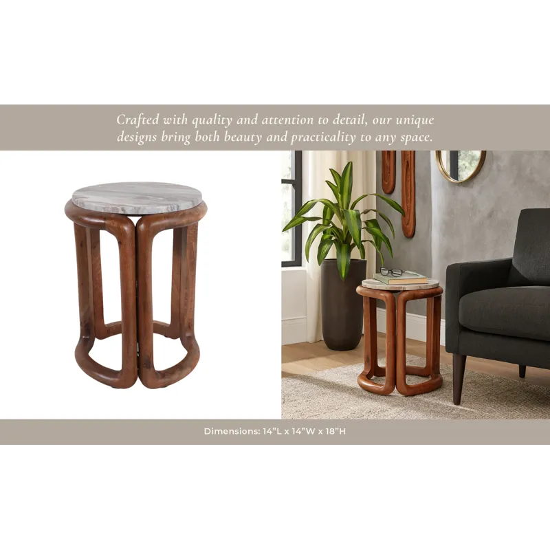 18x14\" Mrble Top Inlay Wood Accent Table,ivry/brwn