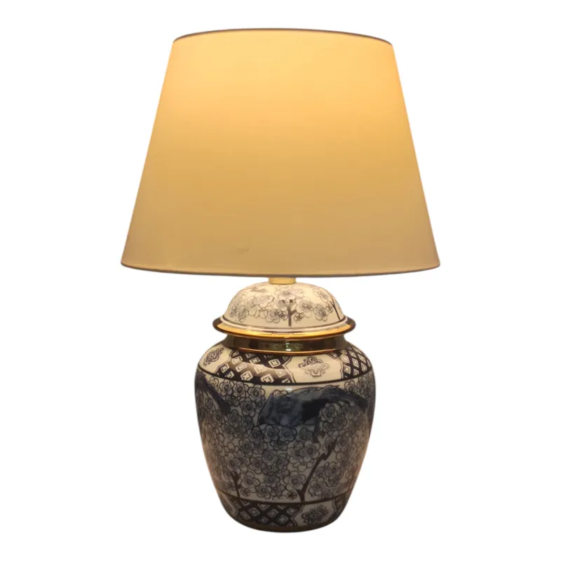 18\" Chinoiserie Table Lamp Gold Trim, White/blue