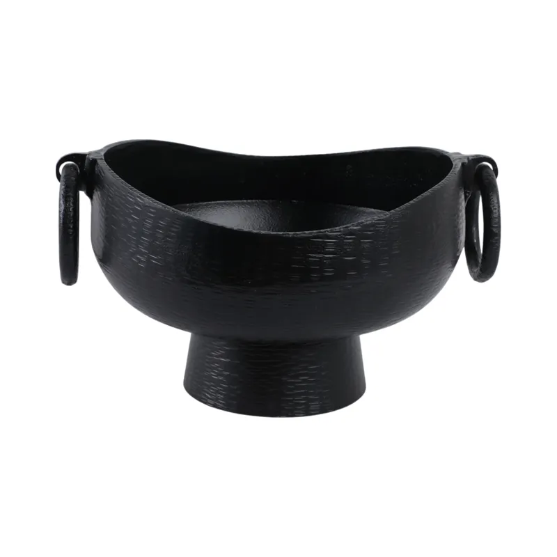 16x13\" Metal Pedestal Bowl With Ring Handles, Blk