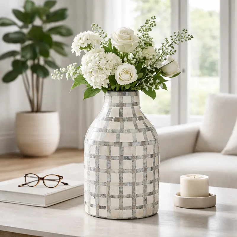 12x8\" Capiz Plaid Vase, Ivory Multi