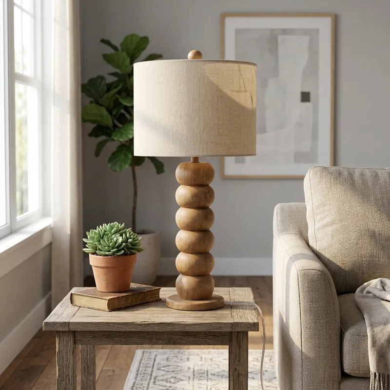 15" Wooden Table Lamp With Cotton Linen Beige Shad