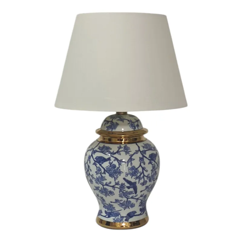 19\" Chinoiserie Birds Table Lamp Gold Trim, White/