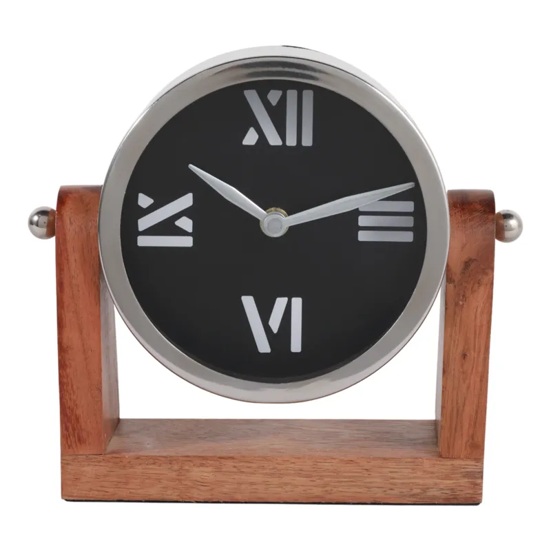 7x7\" Clock On Wood Base, Natural/silver