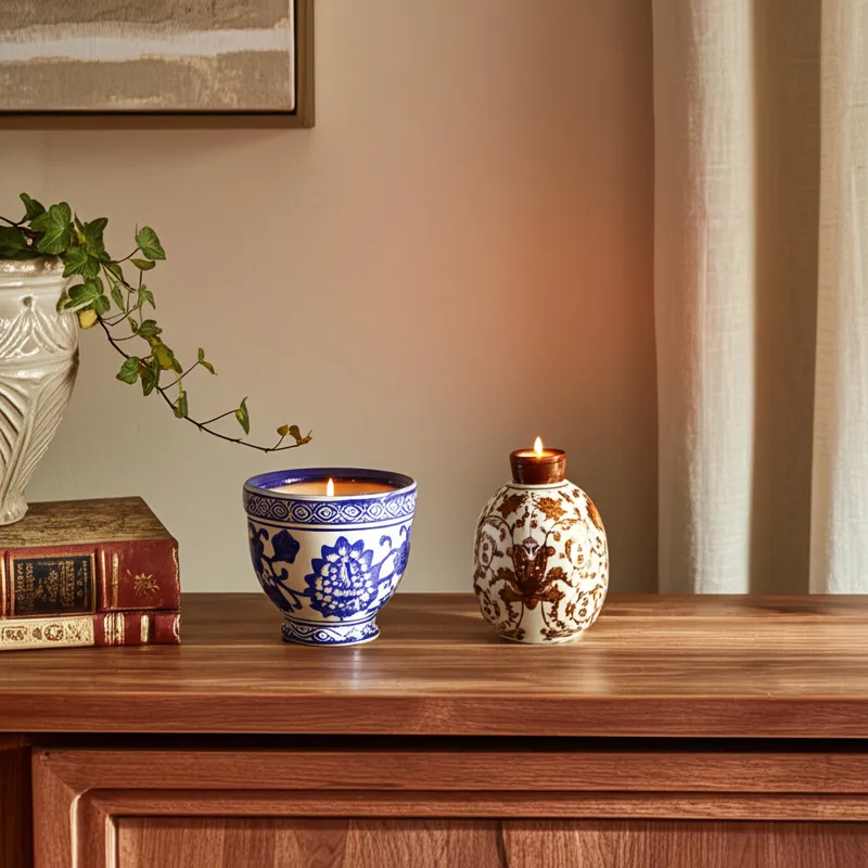 4\", 6oz Bowl Chinoiserie Candle, Brown/white