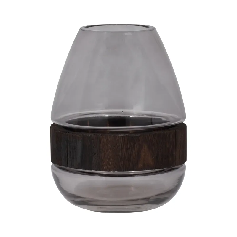 Glass, 10\" Belly Vase W/ Wood Band, Clear
