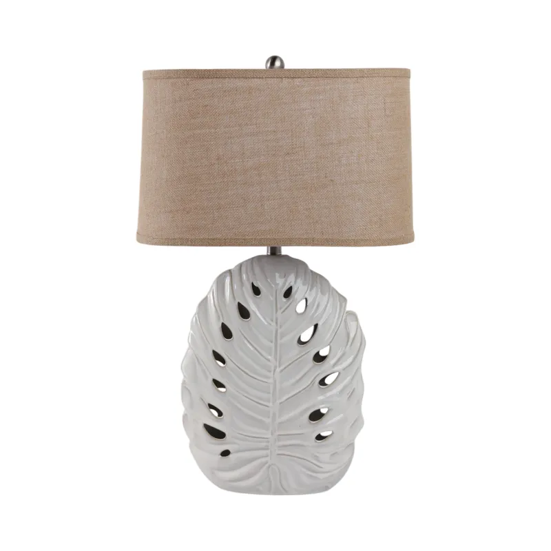 29x18\" Pierced Leaf On Ceramic Lamp, White