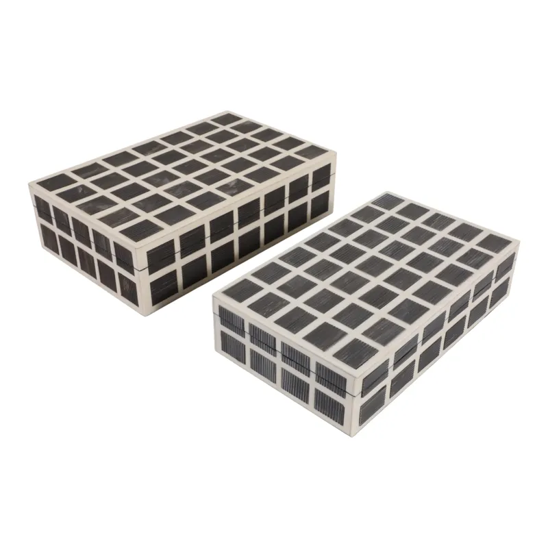 S/2 10/11" Etched Squares Resin Boxes, Ivory/brown