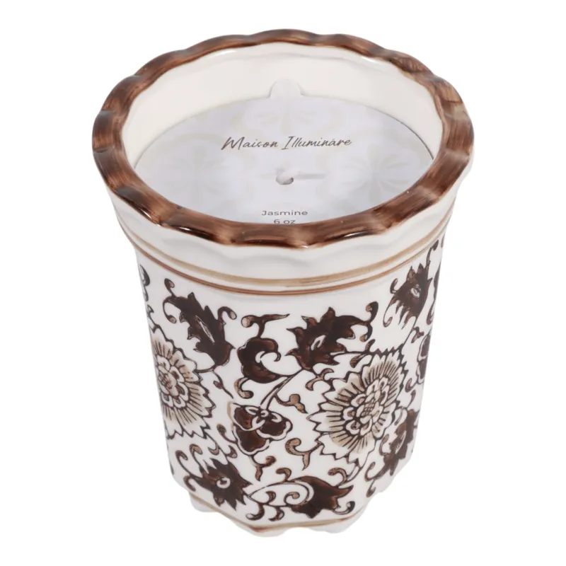 4\", 7oz Fluted Chinoiserie Candle, Brown/white