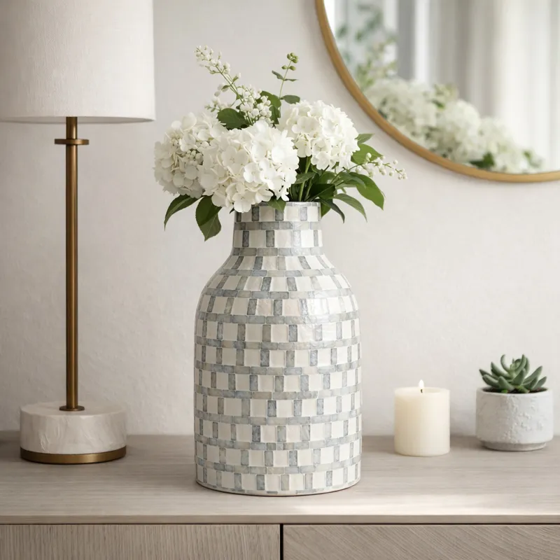 15x9\" Capiz Plaid Vase, Ivory Multi