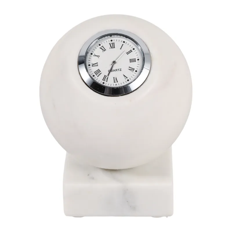 5x4\" Round Marble Clock On Base, White/silver