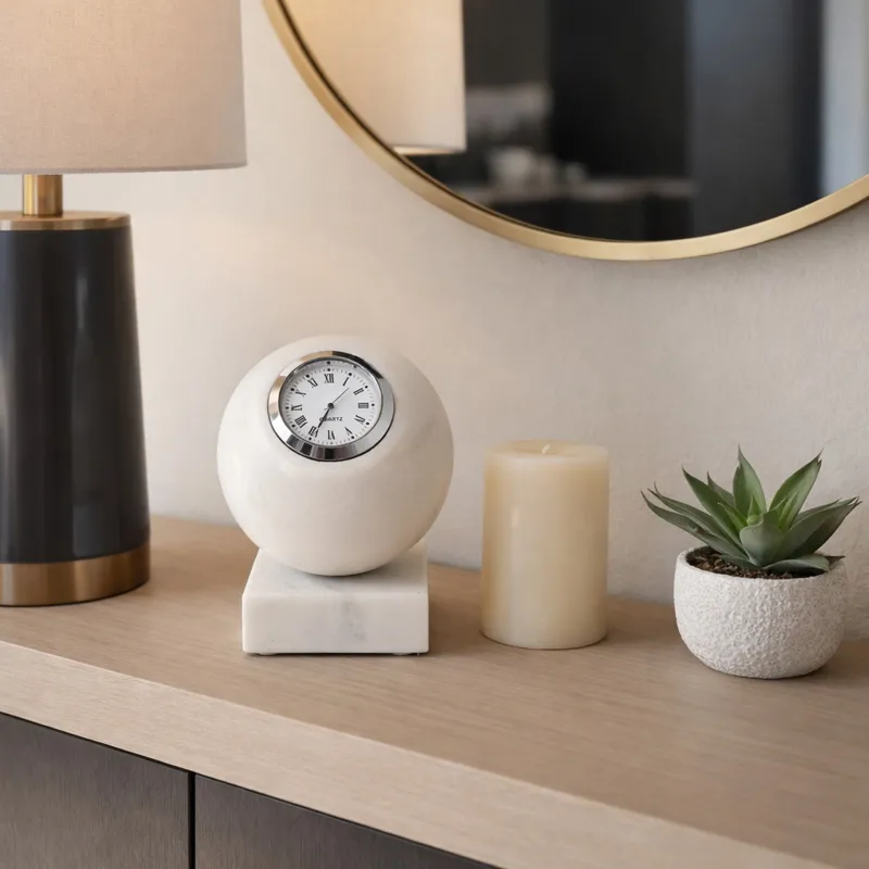 5x4\" Round Marble Clock On Base, White/silver