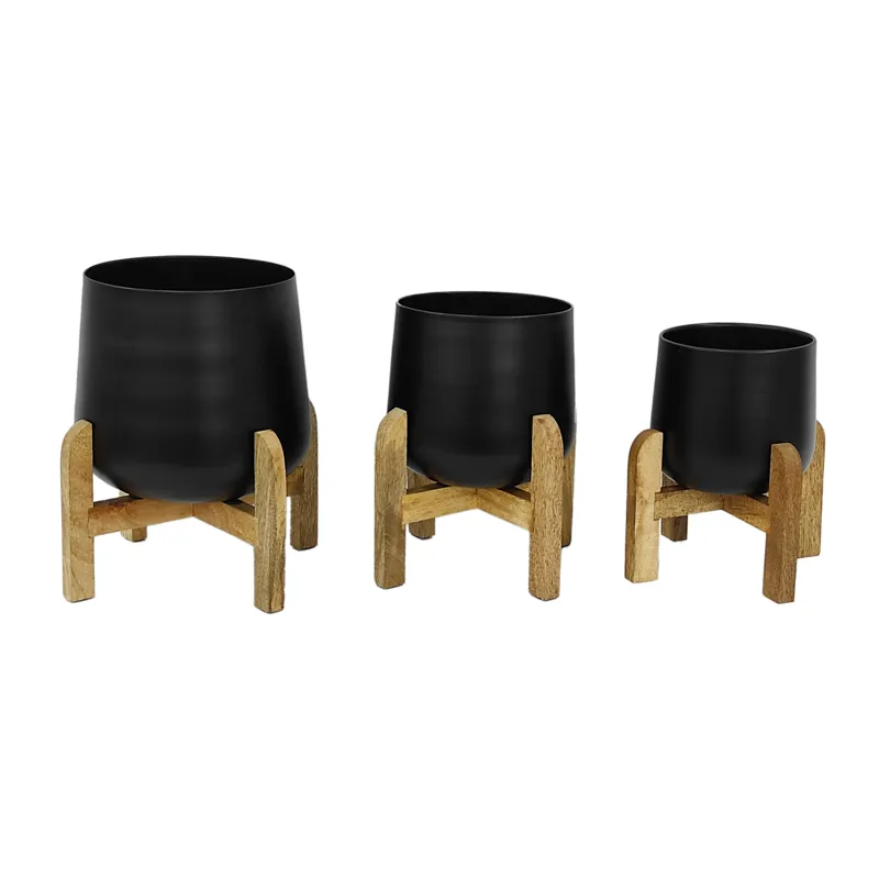S/3 Metal 9/10/12" Planter W/ Wood Stand, Black