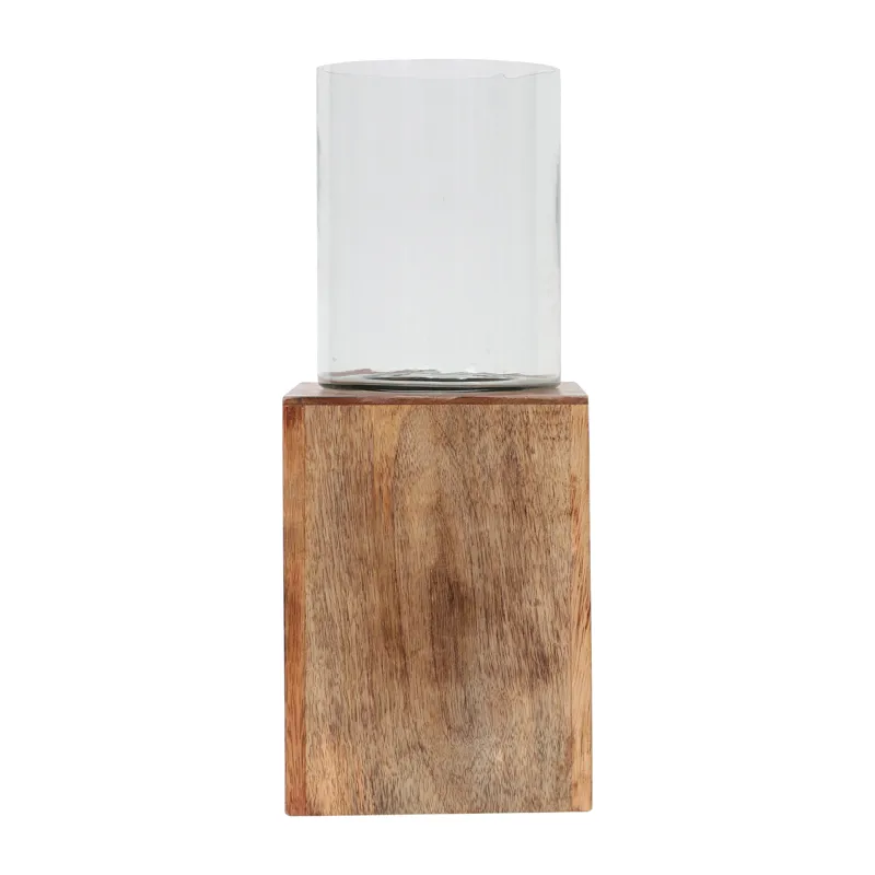 Wood, 15\" Square Base Pillar Hurricane, Natural