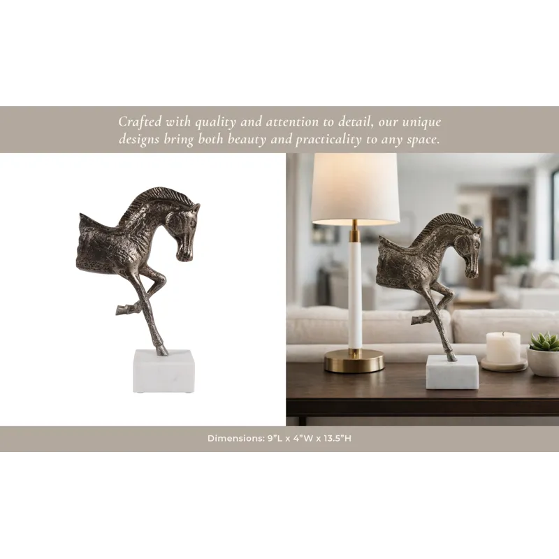 15x9" Galloping Horse On Marble Base, Antique Bras