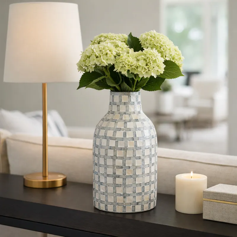 15x9\" Capiz Plaid Vase, Ivory Multi