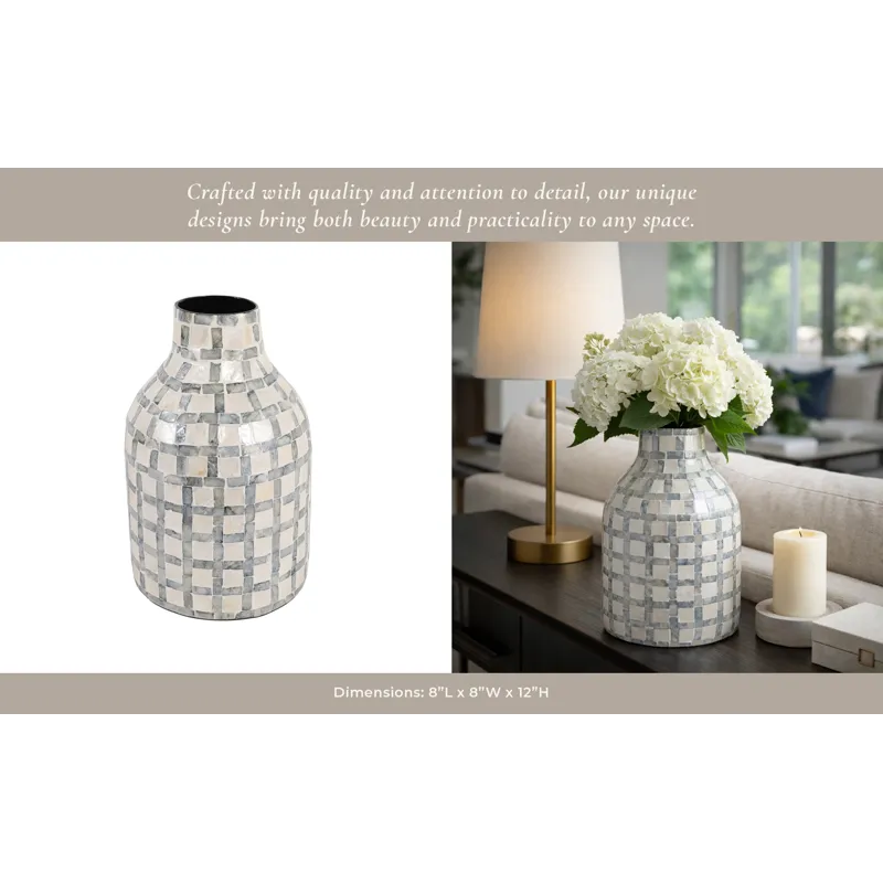 12x8\" Capiz Plaid Vase, Ivory Multi