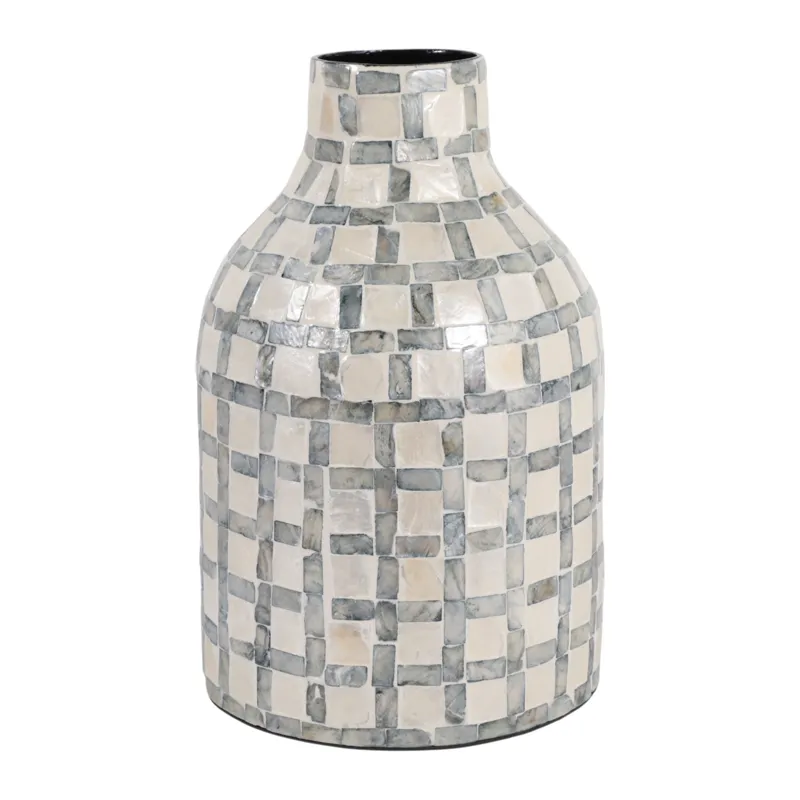 12x8\" Capiz Plaid Vase, Ivory Multi