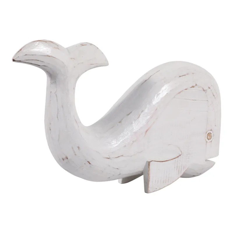 12x8" Alibizia Wood Whale, White